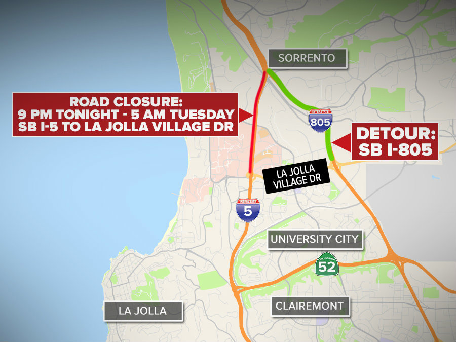 SB I5 lanes closing tonight in La Jolla area